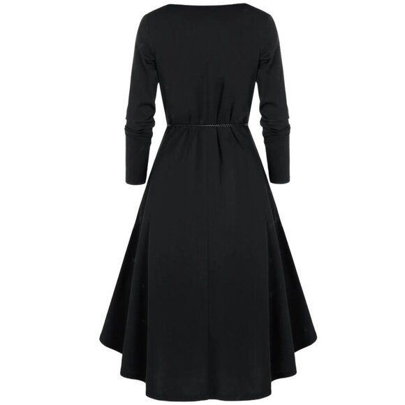 Vintage-Inspired Black Moon & Feather Print Dress Rope Belt And Pockets - Picture 3 of 8